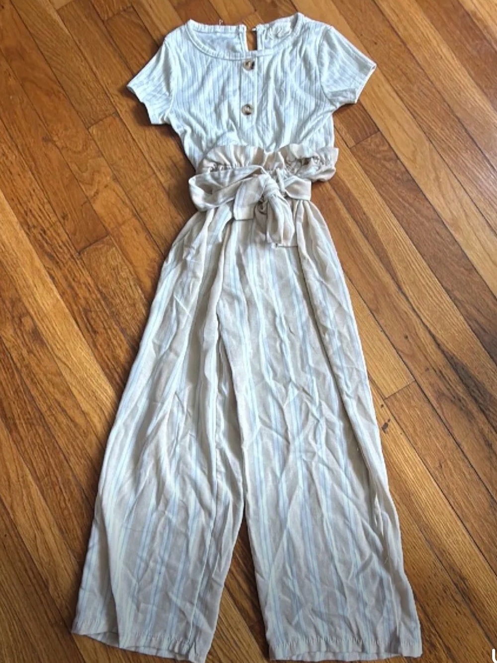 Girls Cream Striped Tie-Waist Jumpsuit